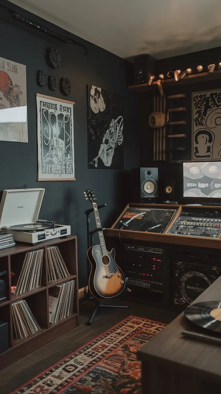 The dark-hued man cave showcases a music room design that includes a record room, guitar room, and a home studio setup, creating the perfect atmosphere for music lovers.