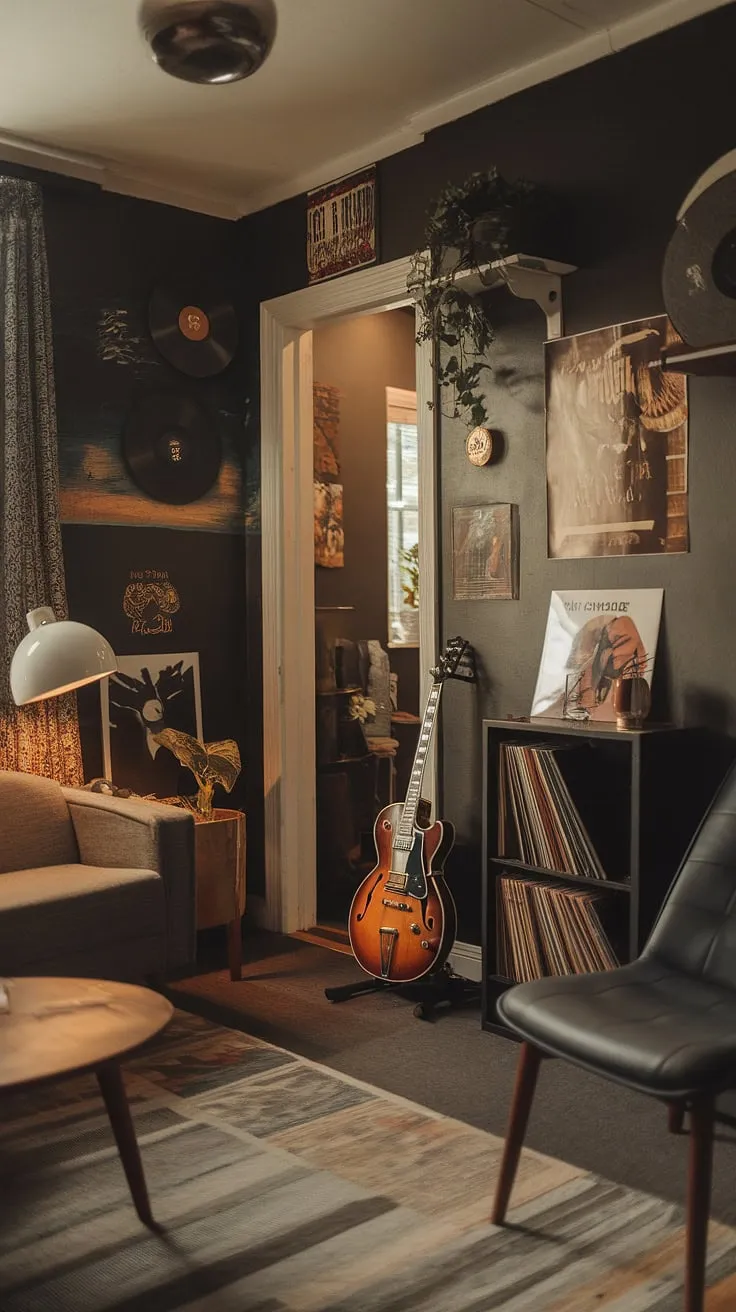 This moody man cave features a vintage music room design with a guitar, records, and warm lighting, creating the perfect atmosphere for a home music studio setup.