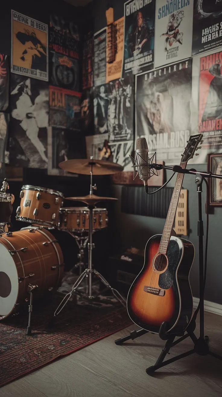 This atmospheric music room design combines a guitar room, record room, and deco studio elements, creating an ideal space for a home music studio.