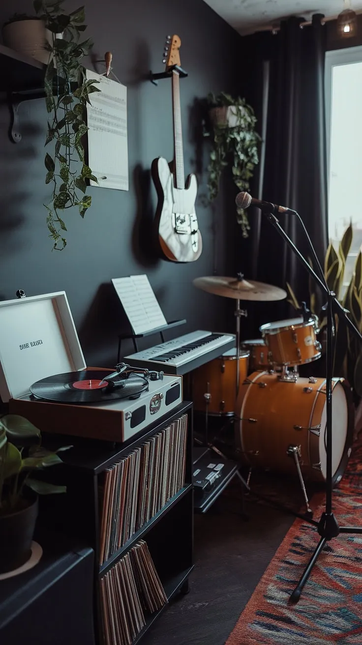 This moody man cave music room design features a record player, guitar, and drum set, creating the perfect ambiance for a home music studio setup.