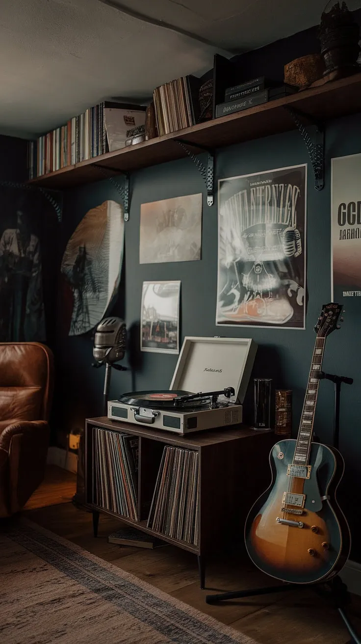 The dimly lit music room, adorned with posters and a cozy rug, serves as an ideal record room and guitar room for any music enthusiast.