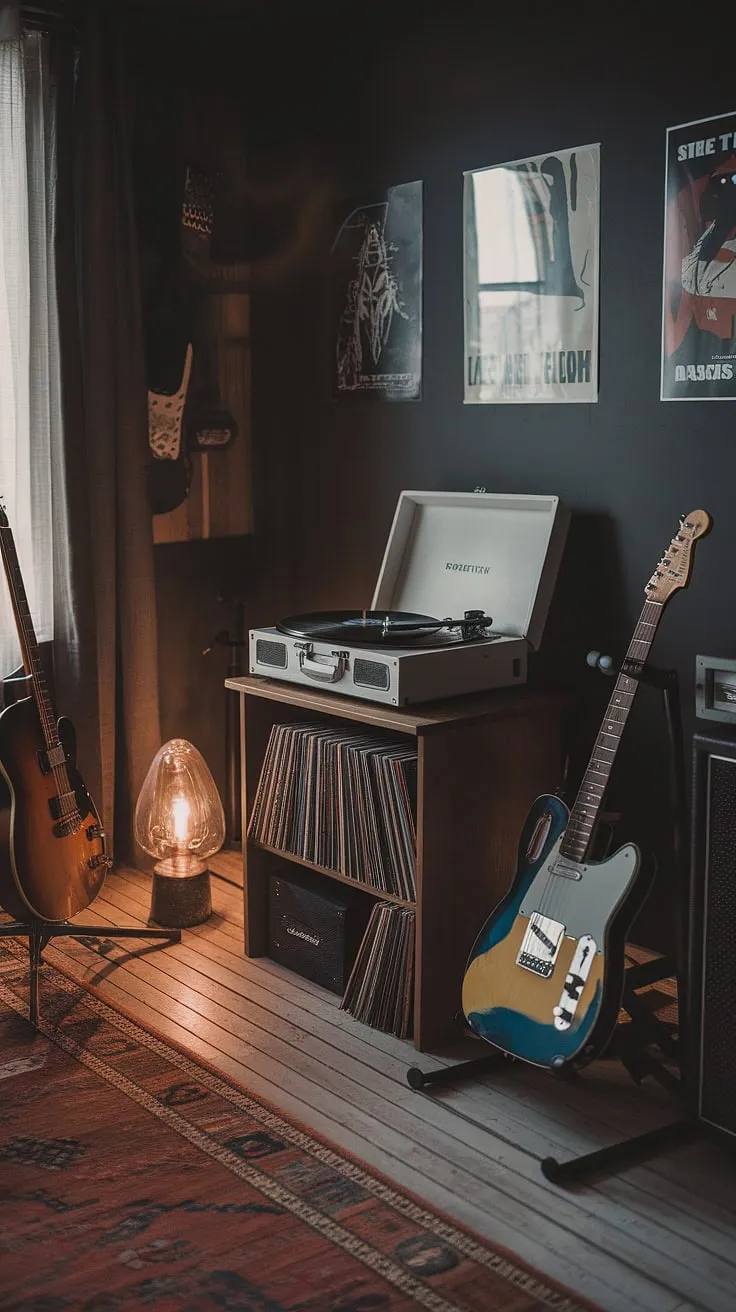 This moody man cave music room features dark walls, a wooden floor, and a vintage lamp, creating the perfect ambiance for a home music studio setup with guitars and a record player.