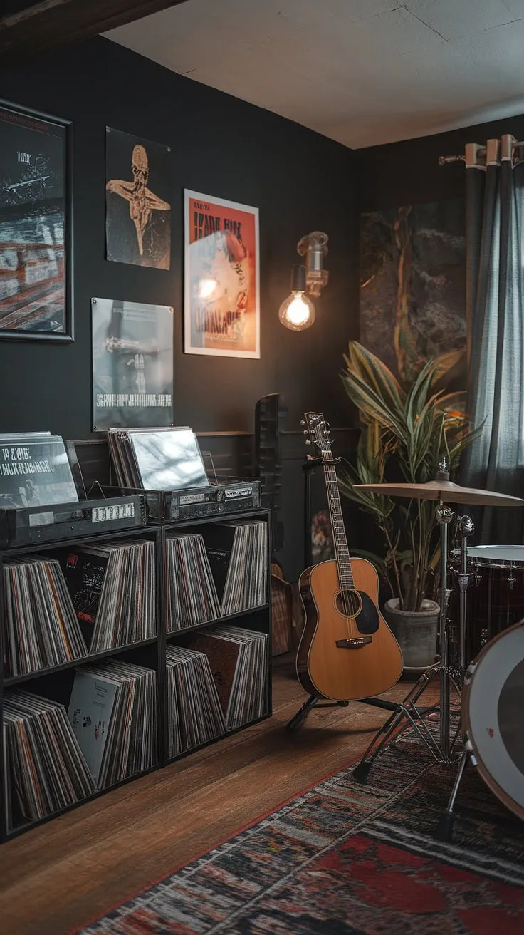 The music room design showcases a cozy vibe with a record room, guitar room, and vintage decor, making it an ideal home music studio for creativity and relaxation.