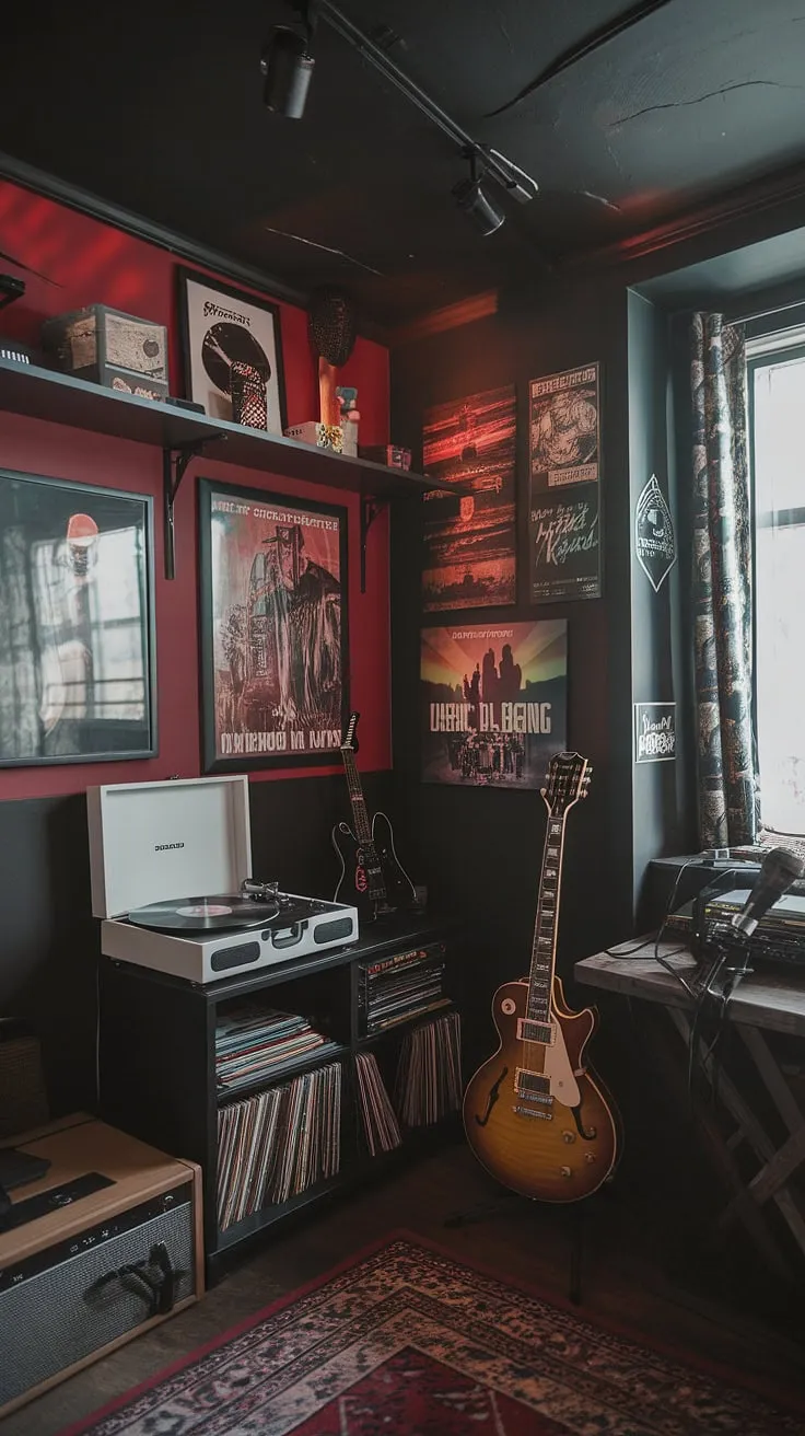 This moody man cave features a striking music room design with a record player, guitar, and microphone, all set against dark red walls and a black ceiling, creating the perfect atmosphere for a home music studio setup.