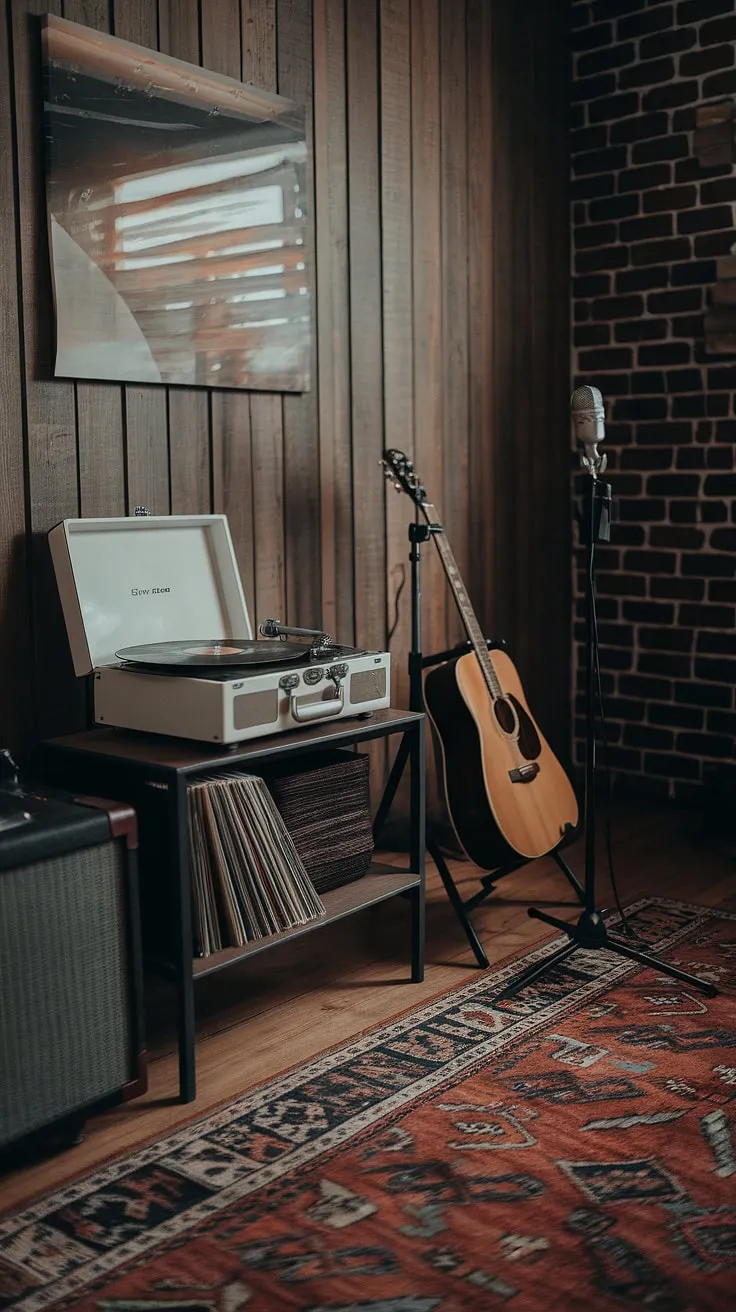 This moody man cave music room features a vintage record player, guitar, and microphone, all set against a stylish backdrop of wooden and brick walls, creating the perfect home studio setup for music lovers.