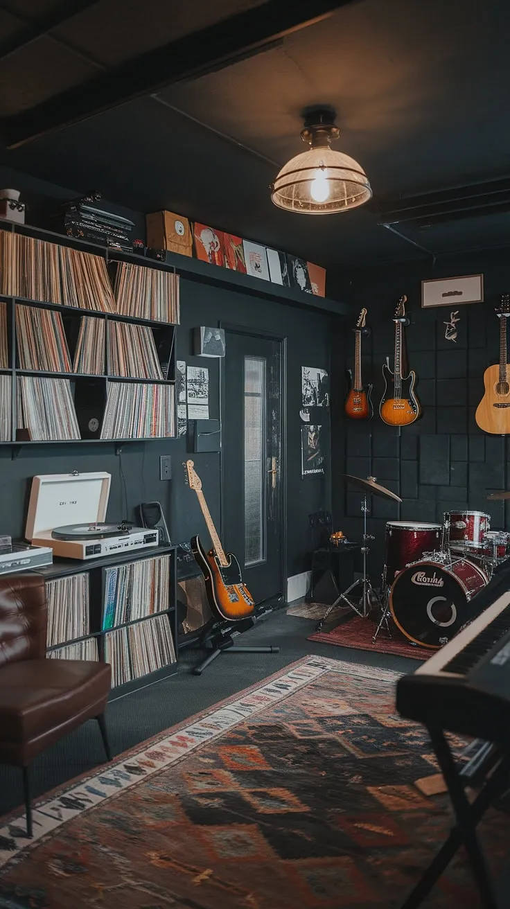 The dark-walled music room combines a record room, guitar room, and music studio setup, showcasing a vintage vibe ideal for any home music enthusiast.