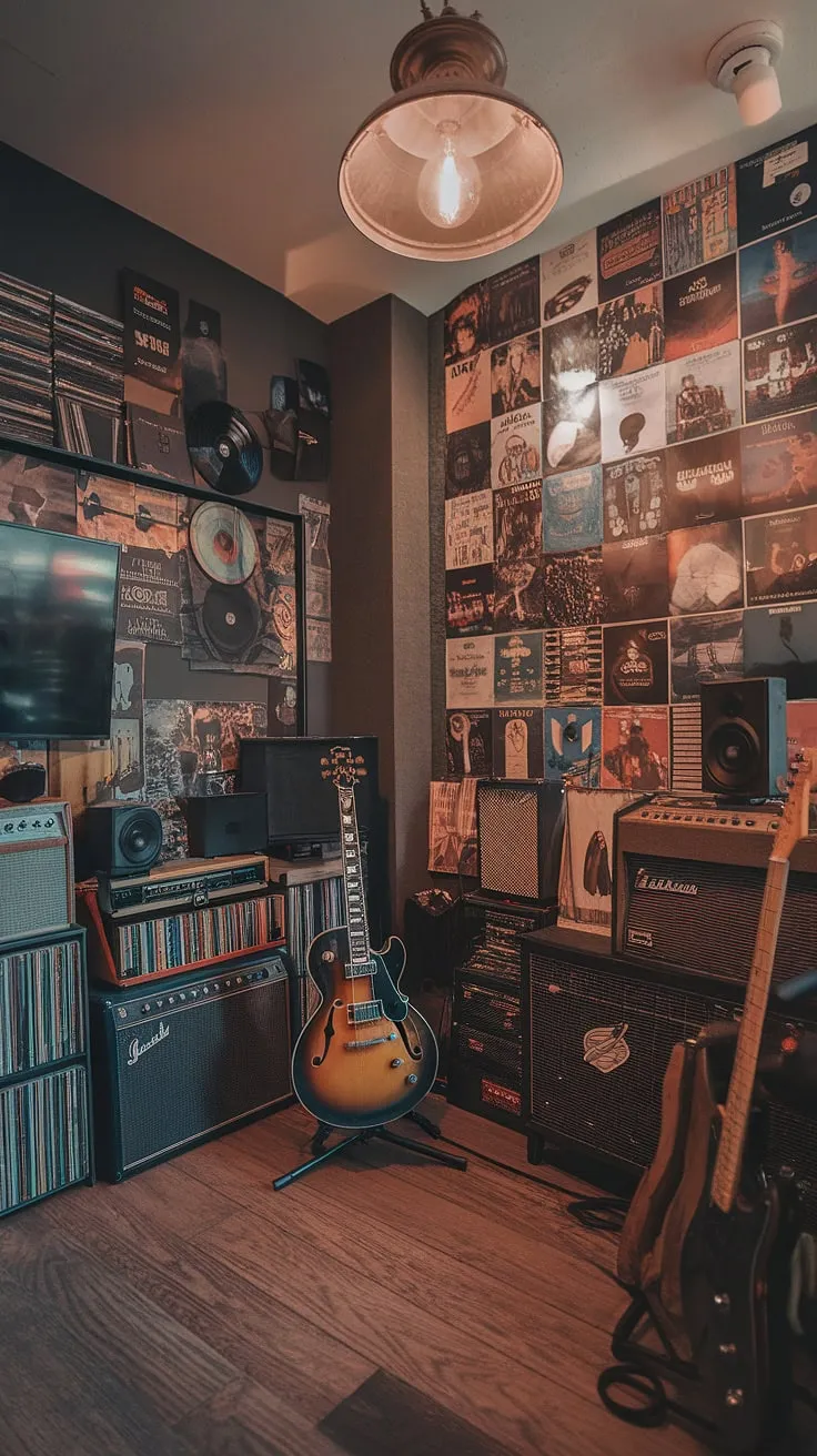 This moody man cave features a stunning music room design with a record room, guitar room, and home studio setup adorned with vintage lighting and album covers.