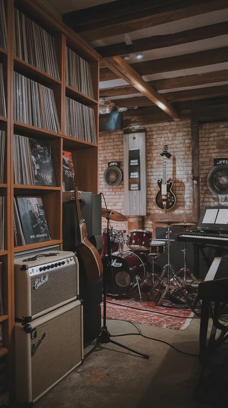 This atmospheric music room combines a record room, guitar room, and music studio setup, creating a vintage man cave with wooden shelves, a guitar display, and rustic decor that inspires creativity.