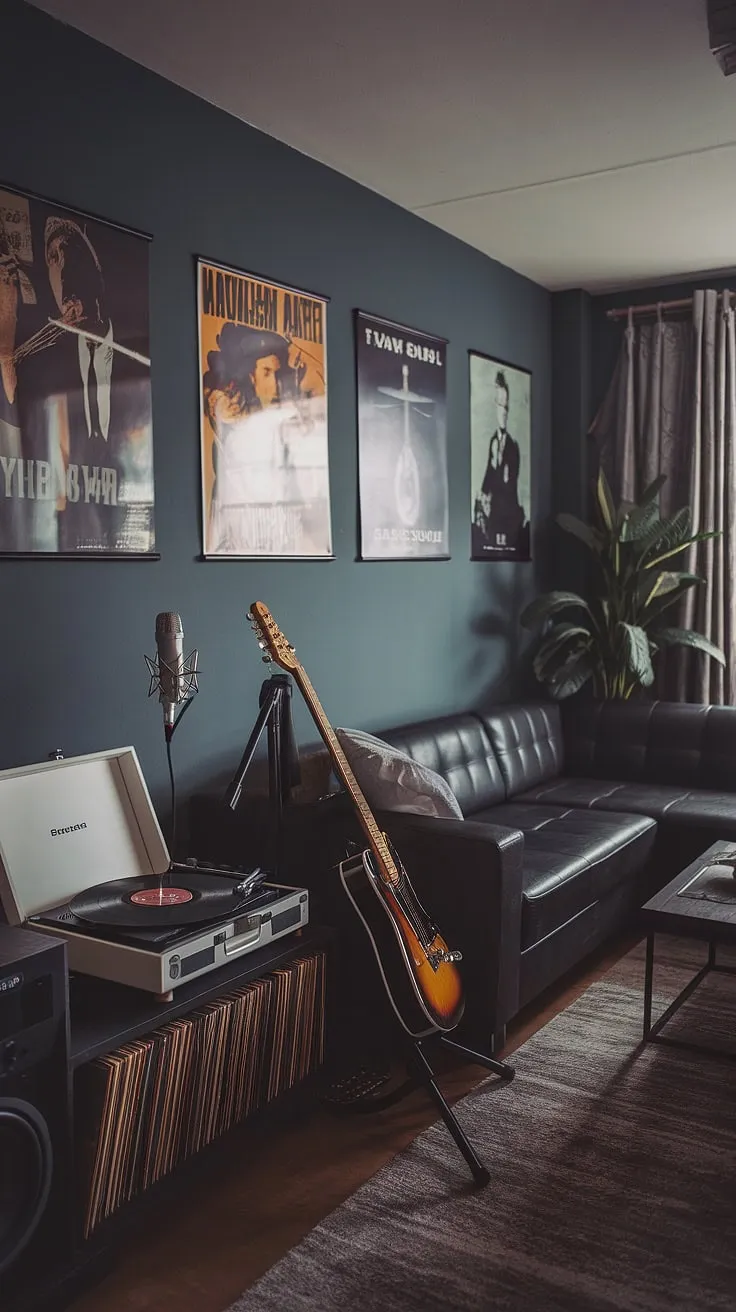 The music room, designed as a cozy man cave, boasts a record room vibe with a guitar on display, a microphone ready for use, and decor that celebrates iconic musicians.