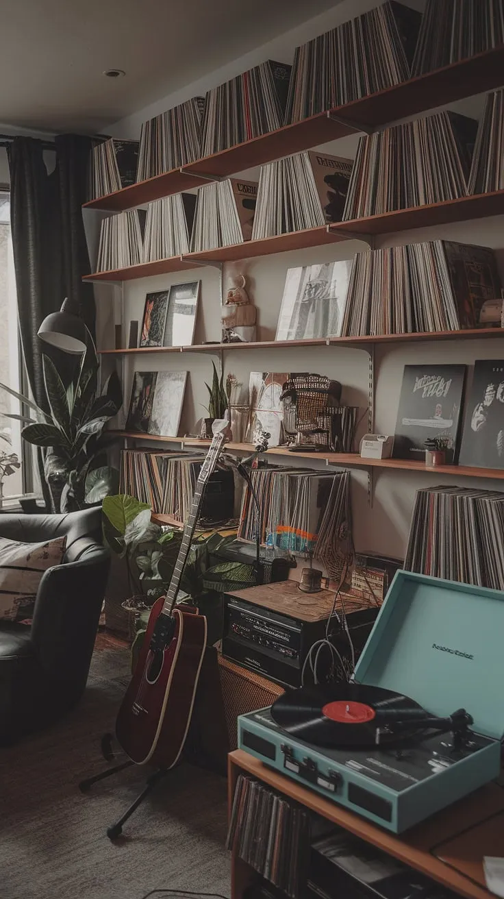 This moody man cave features a cozy music room design with a record player, guitar, and inviting decor, making it the perfect home music room or music studio setup.