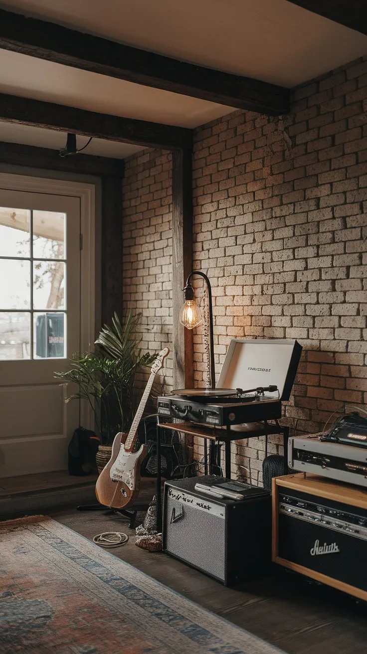 This moody man cave music room features a stylish record player, guitars, and music equipment against a backdrop of a brick wall and exposed wooden beams, creating the perfect home studio setup.