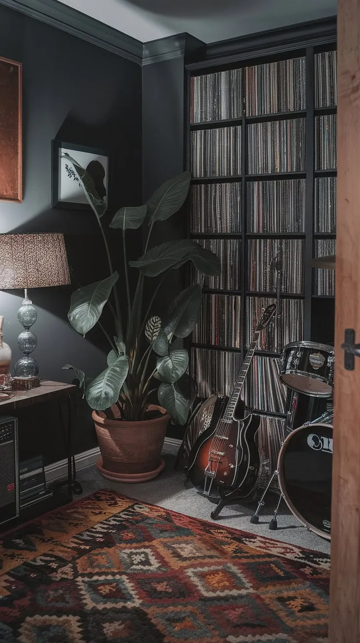 This moody man cave music room features a record collection, vintage guitar, and drum set, all set against dark gray walls and a stylish decor studio vibe.