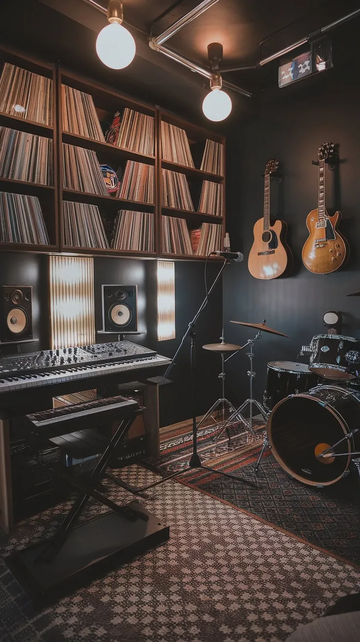 This moody man cave features a stunning music room design with a record room filled with vinyl, a guitar room showcasing hanging guitars, and a fully equipped music studio room, all enhanced by a deco studio vibe.