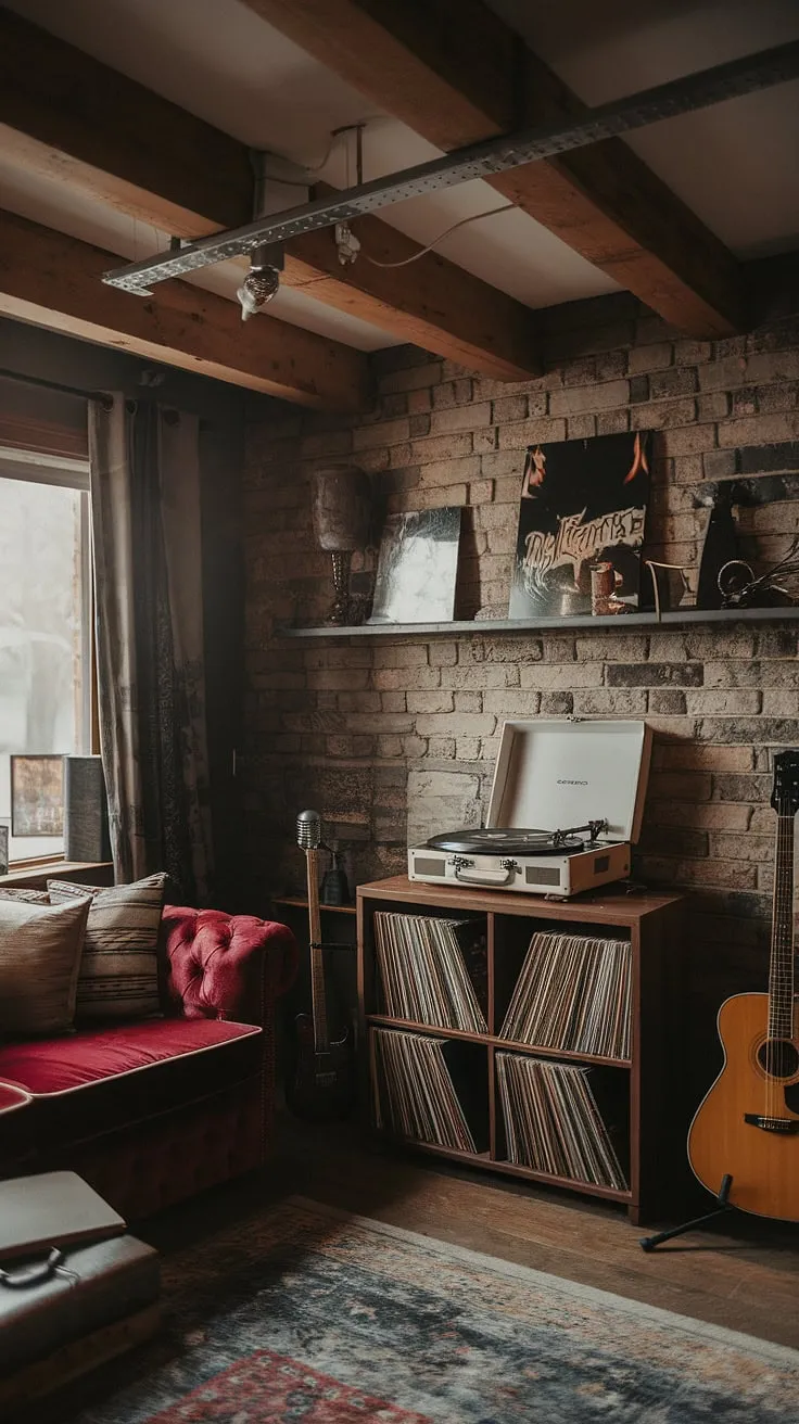 This moody man cave music room features rustic decor with a wooden beam ceiling, exposed brick walls, and a plush red velvet couch, creating the perfect ambiance for a home music studio setup complete with a vintage record player, vinyl collection, guitar, and microphone.