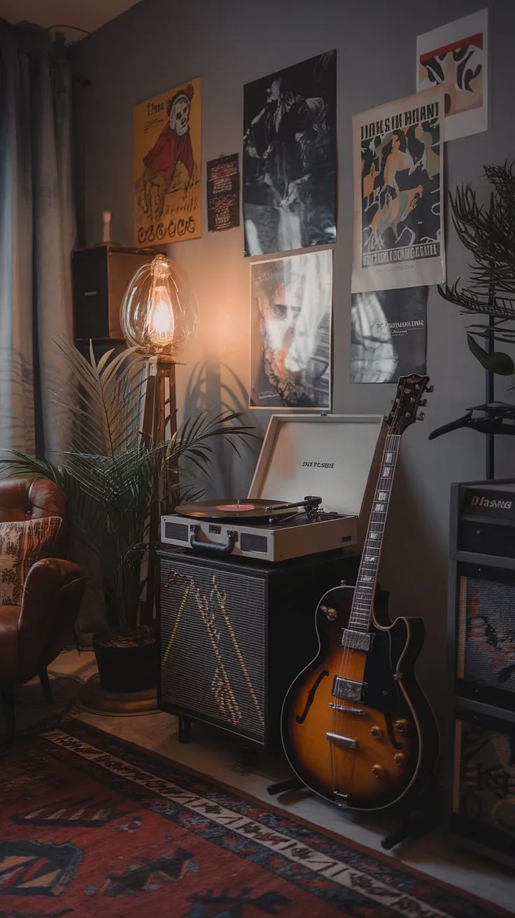 This moody man cave features a cozy music room design with a record player, guitar, and microphone, creating the perfect ambiance for a home music studio setup.