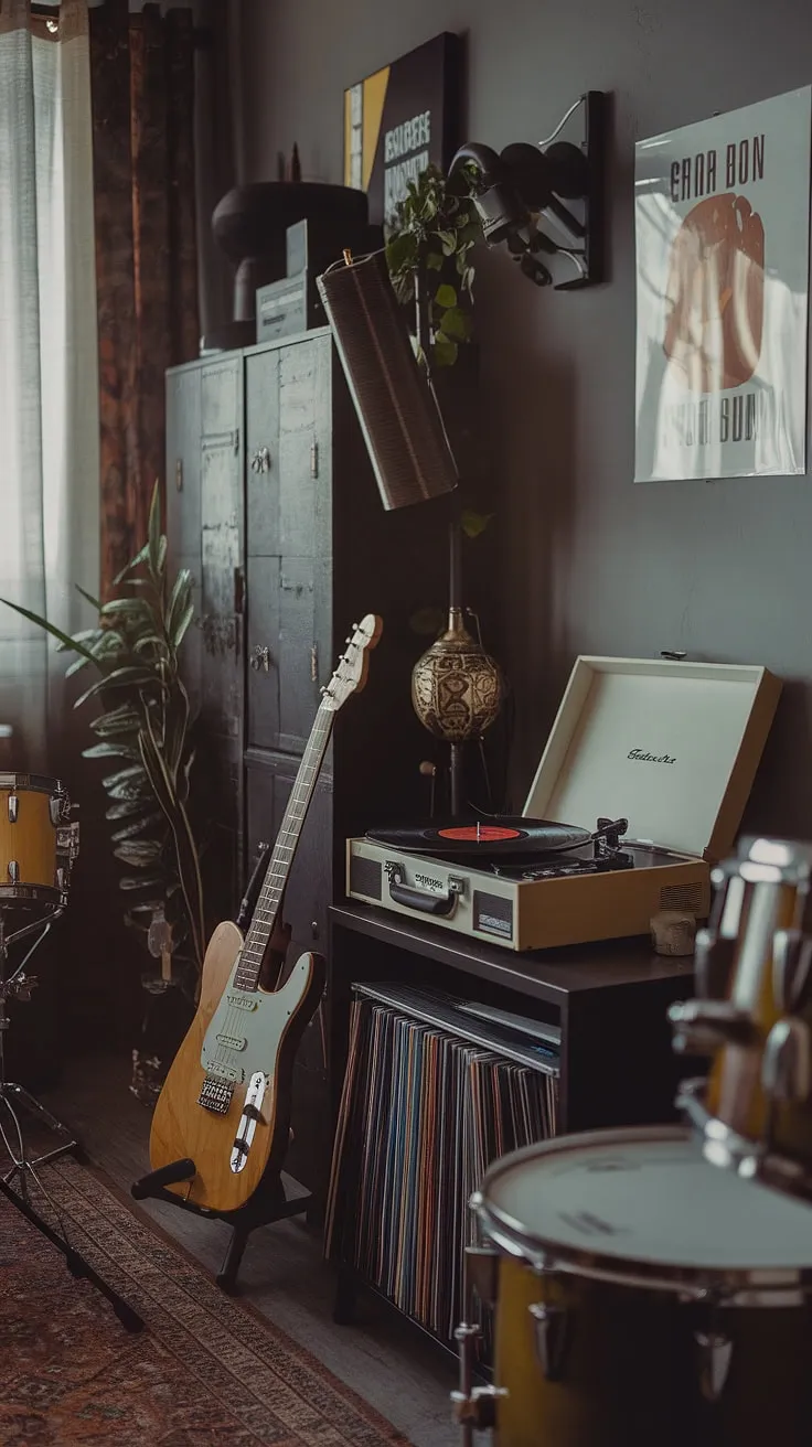 This moody man cave features a stylish music room design with a record player, guitar, and drum set, creating the perfect ambiance for a home music studio setup.