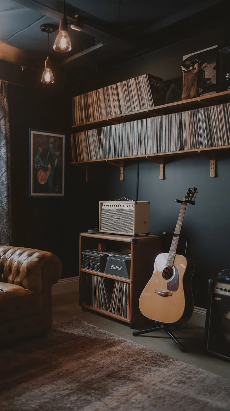 The atmospheric design of this moody man cave music room, complete with a guitar stand, vintage amplifier, and a record-filled shelf, creates an ideal space for a home music studio or deco studio.