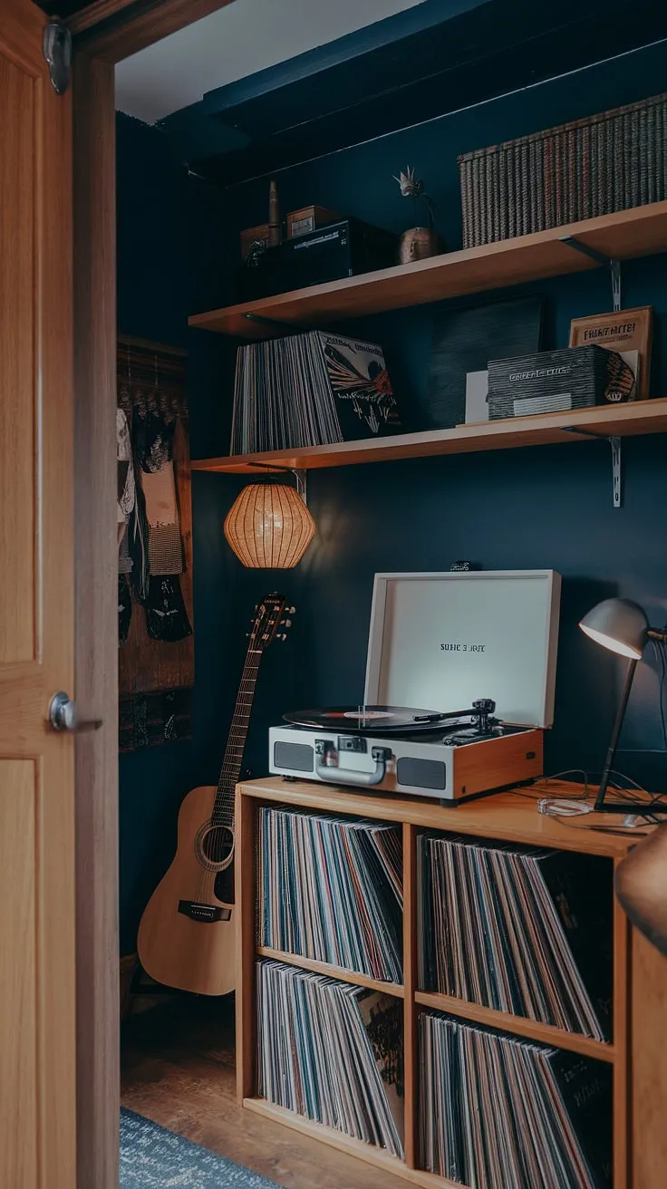 The dark blue walls and wooden shelves enhance this stylish music room, making it an ideal guitar room and deco studio for any music lover.