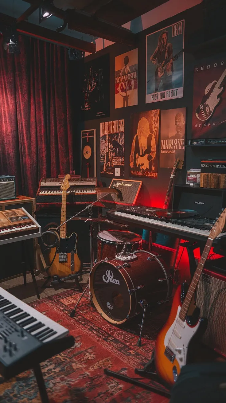 The dark and mysterious atmosphere of this moody man cave transforms it into an inspiring music studio room, complete with a guitar room and a record room that celebrates creativity and passion for music.