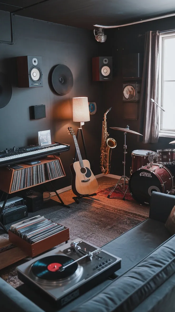 This moody man cave music room features a vintage vibe with a grey couch, record player, and an array of instruments, creating the perfect home studio setup for music lovers.