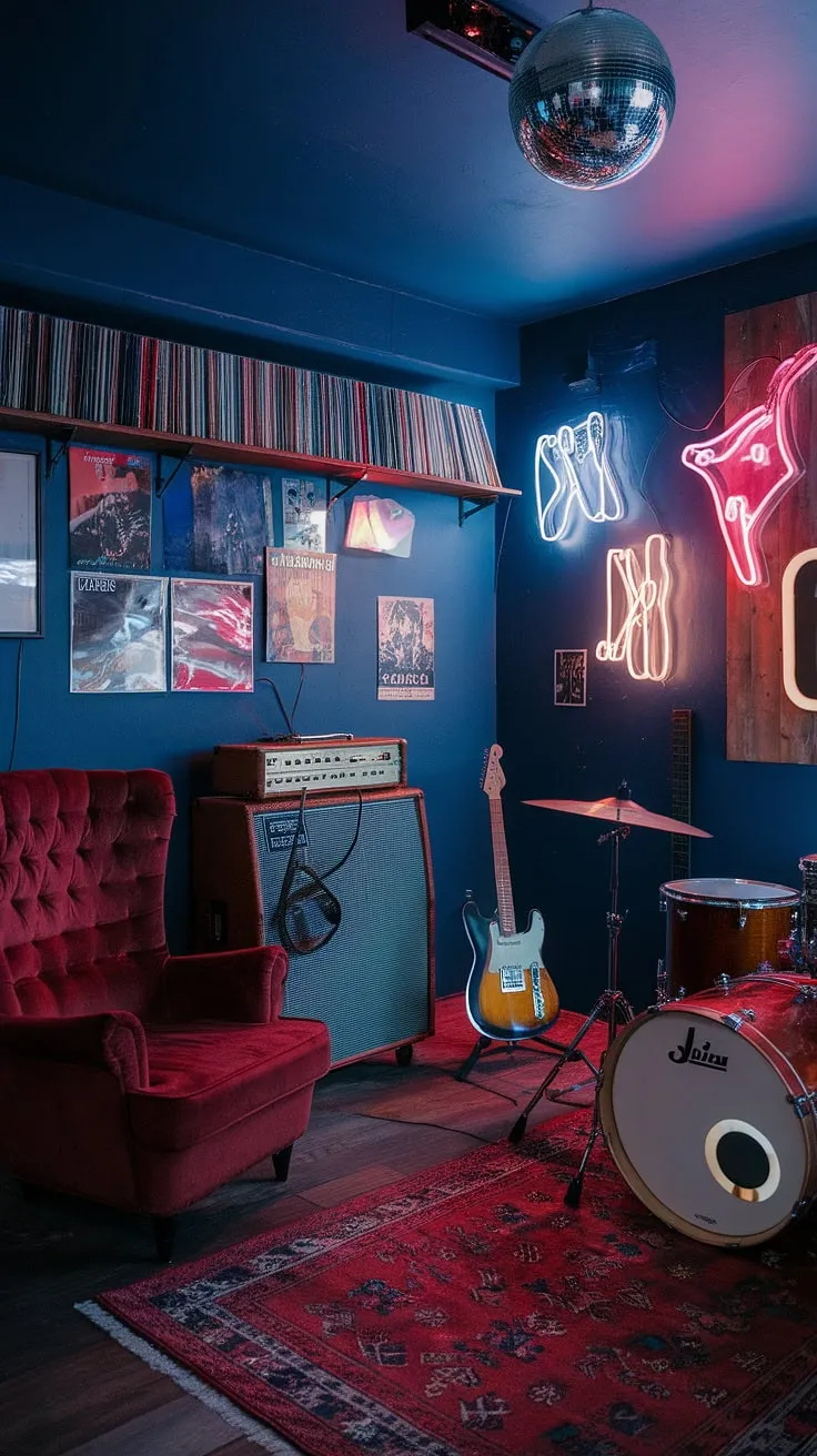 This moody man cave features a stunning music room design with a record collection, guitar, vintage amp, and drum set, all set against dark blue walls adorned with neon signs and a disco ball.