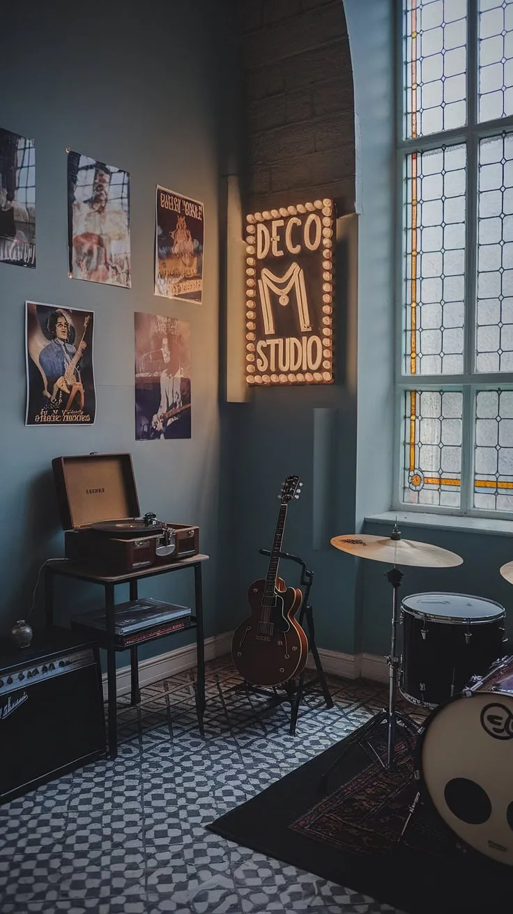 The home music room showcases a vintage record player, guitar, and drum set in a moody atmosphere, highlighted by music legend posters and a captivating "Deco Studio" sign.