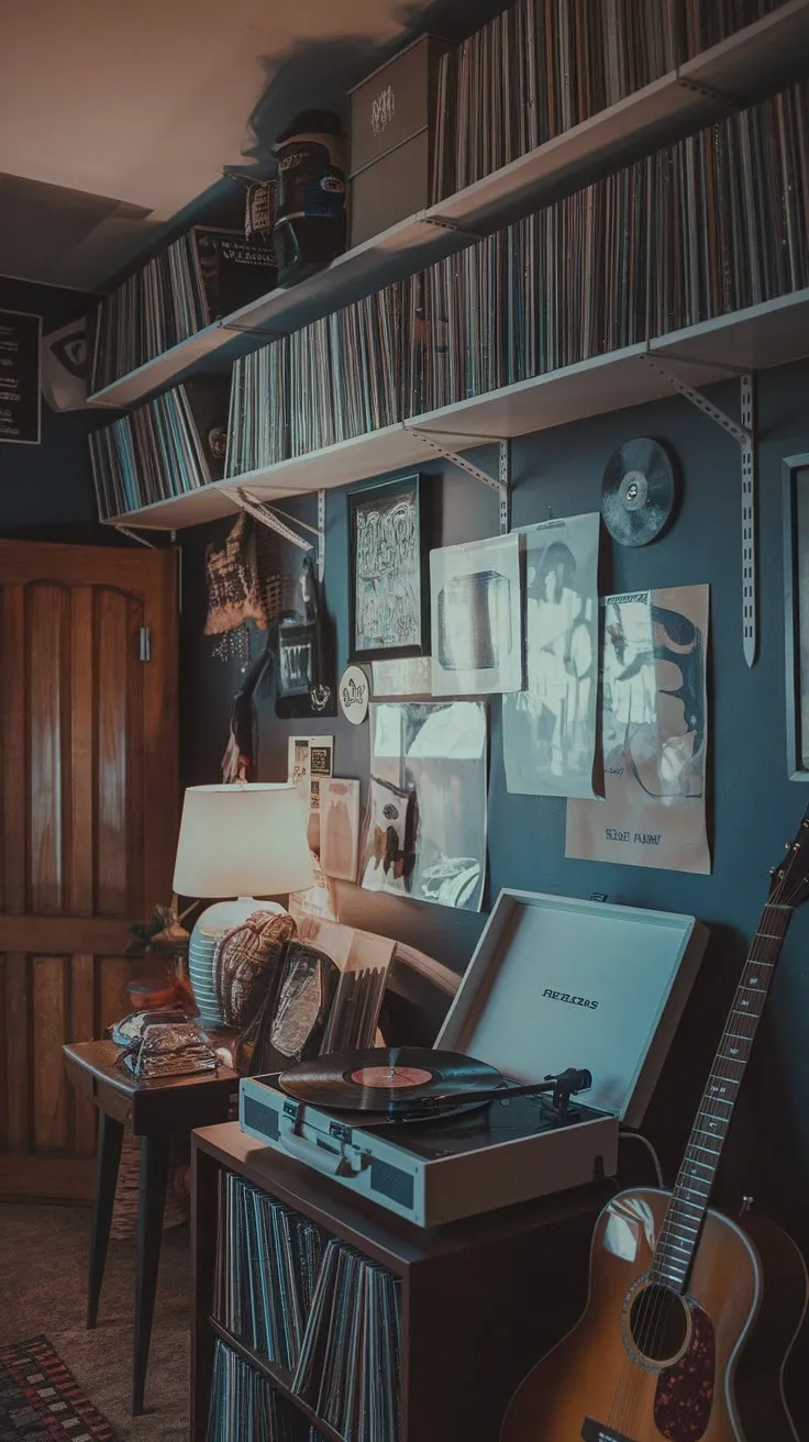 In a sanctuary of sound, a dimly lit room cradles the whispers of creativity, where a guitar and microphone await the next symphony of countless nights.