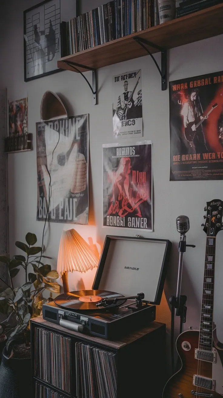 This room, alive with the echoes of rhythm and rebellion, is a sanctuary where every worn vinyl and dusty guitar tells the story of a relentless pursuit of musical magic.