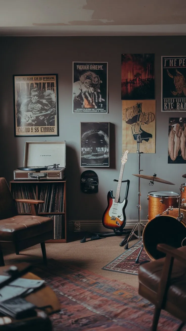 In this man cave of vintage vinyl and roaring guitars, the echoes of passion and dedication create a sanctuary where melodies are born and legends thrive.