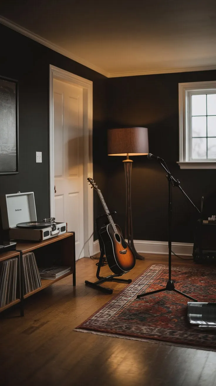 This man cave is a vibrant sanctuary where music, creativity, and inspiration intertwine, allowing the heart and soul to harmonize.