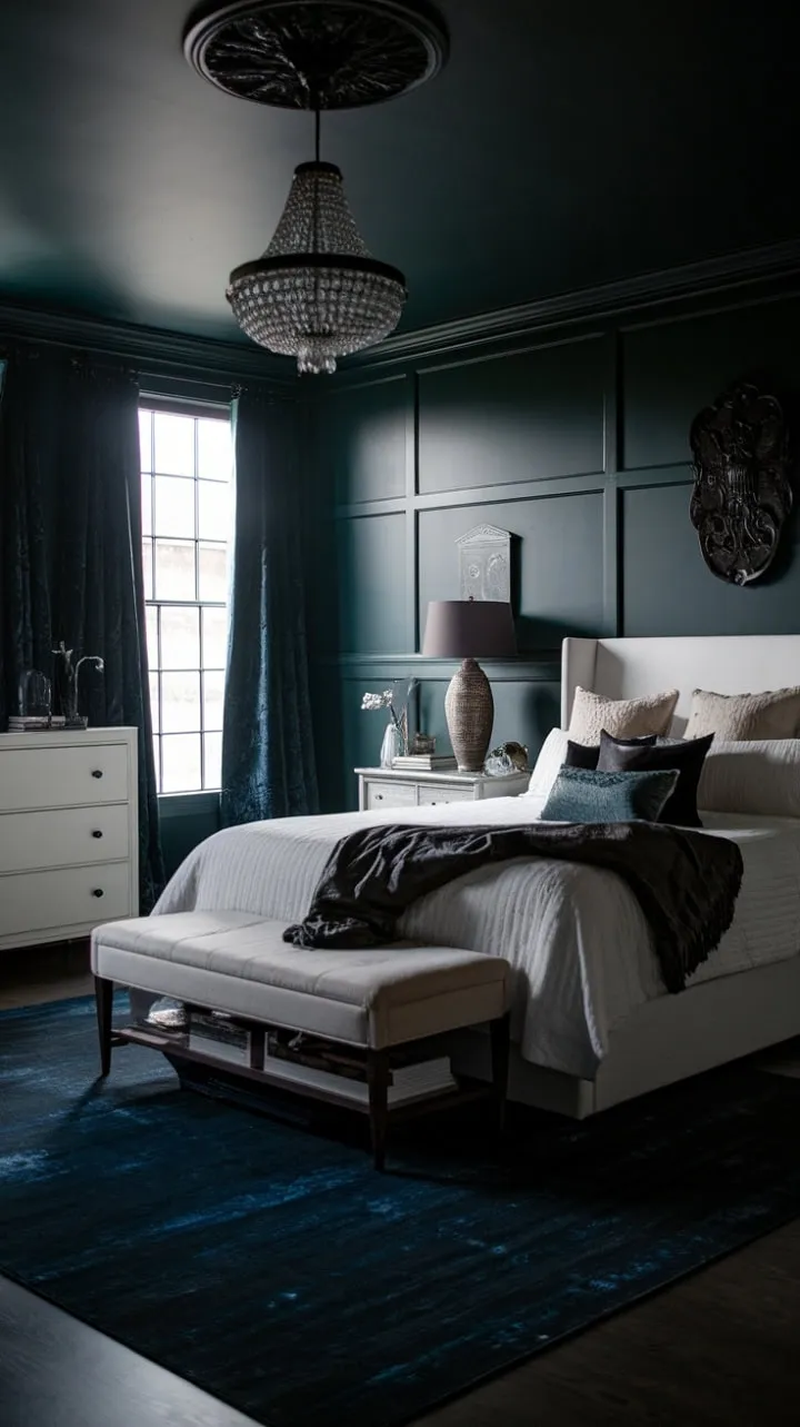 Retreat to this sophisticated master suite, where dark green walls and a plush navy rug create a cozy yet dramatic sanctuary for restful nights.