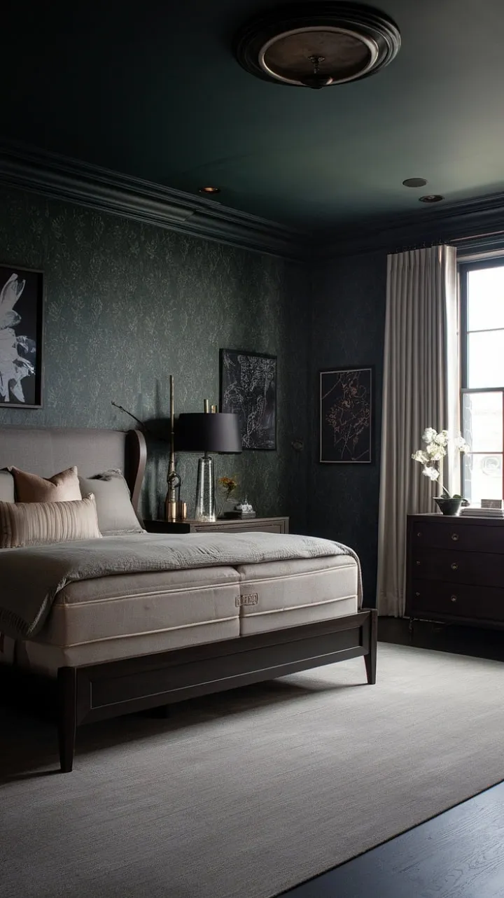 Step into a sophisticated sanctuary where dark green walls and a plush grey mattress create a luxurious retreat for restful slumber.