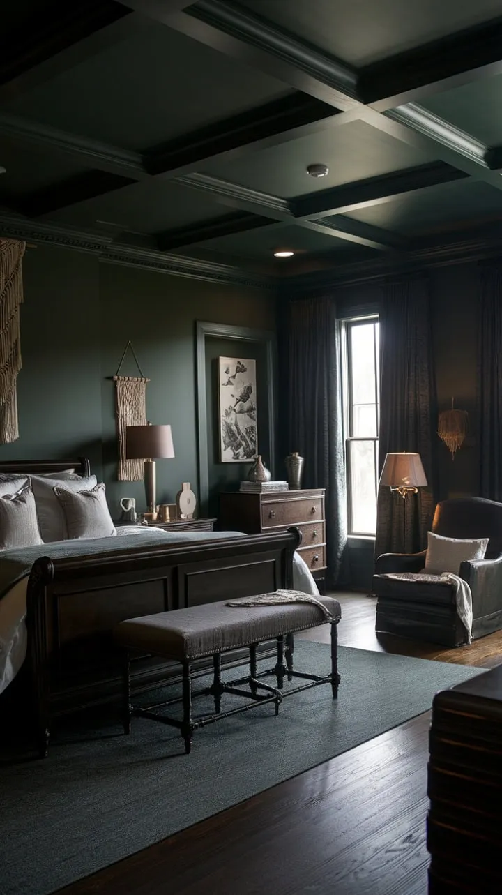 This serene master bedroom, adorned with dark wood and deep green hues, embodies understated elegance and invites tranquil contemplation.