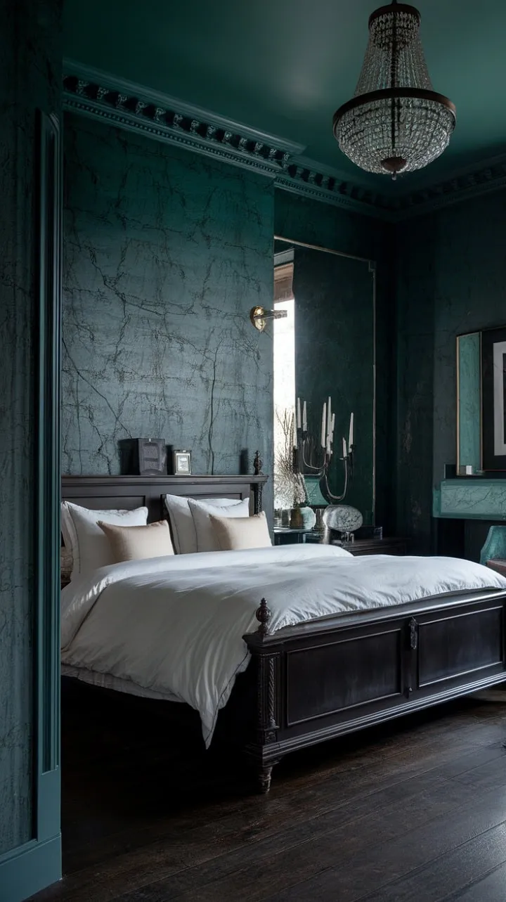 In this moody master bedroom, dark green walls and aged wood create a serene sanctuary, where whispers of elegance and soft chandelier light invite restful slumber.