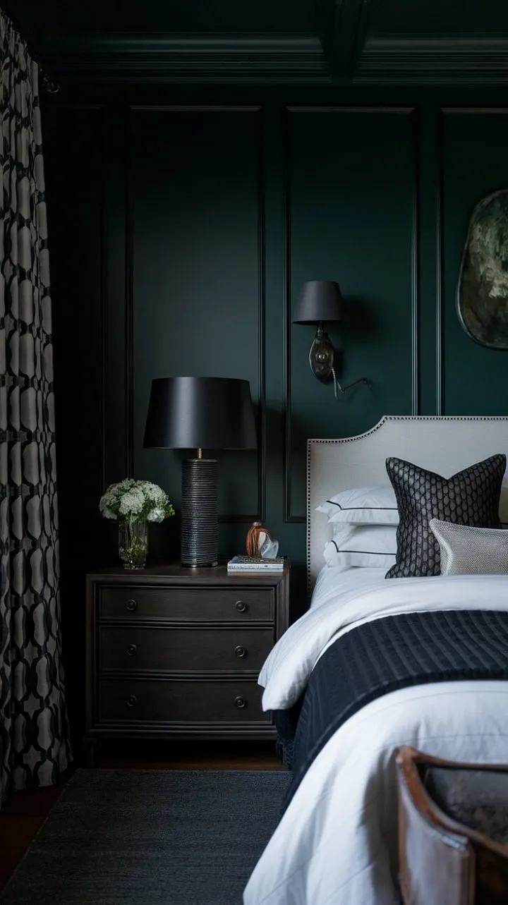 Experience serene sophistication in this master bedroom, where dark green walls cradle a crisp white bed, inviting you to unwind under the gentle glow of a bedside lamp.