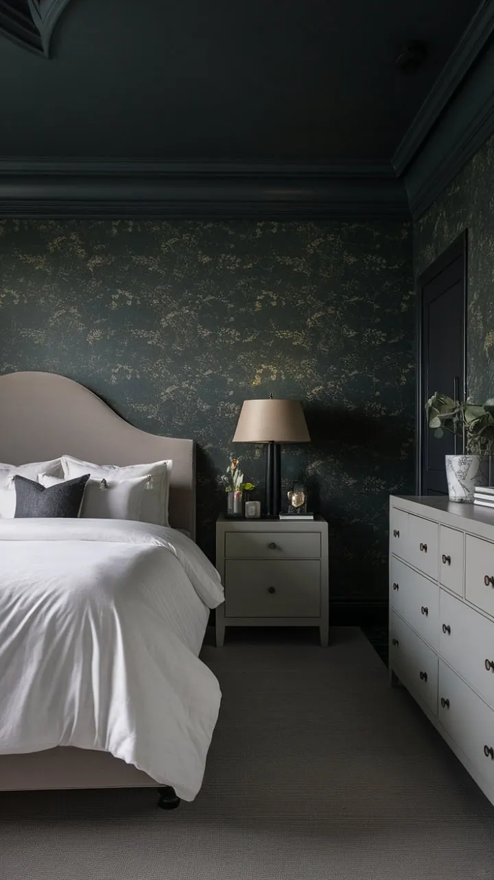 Deep emerald walls and a charcoal ceiling envelop a serene sanctuary, where crisp white furniture provides a striking contrast, embodying a perfect blend of moody elegance and tranquil sophistication.