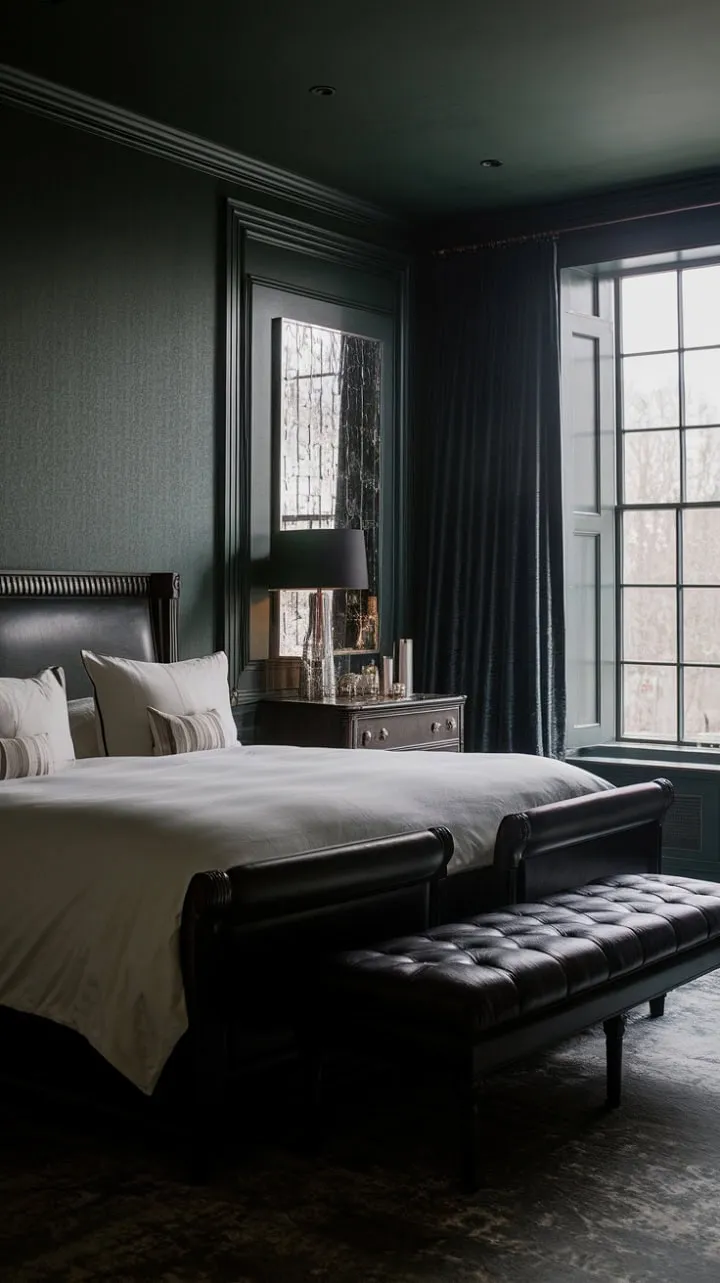 Step into a moody master suite where dark green walls and dramatic lighting weave a tapestry of sophisticated romance, inviting you to unwind in a serene sanctuary.