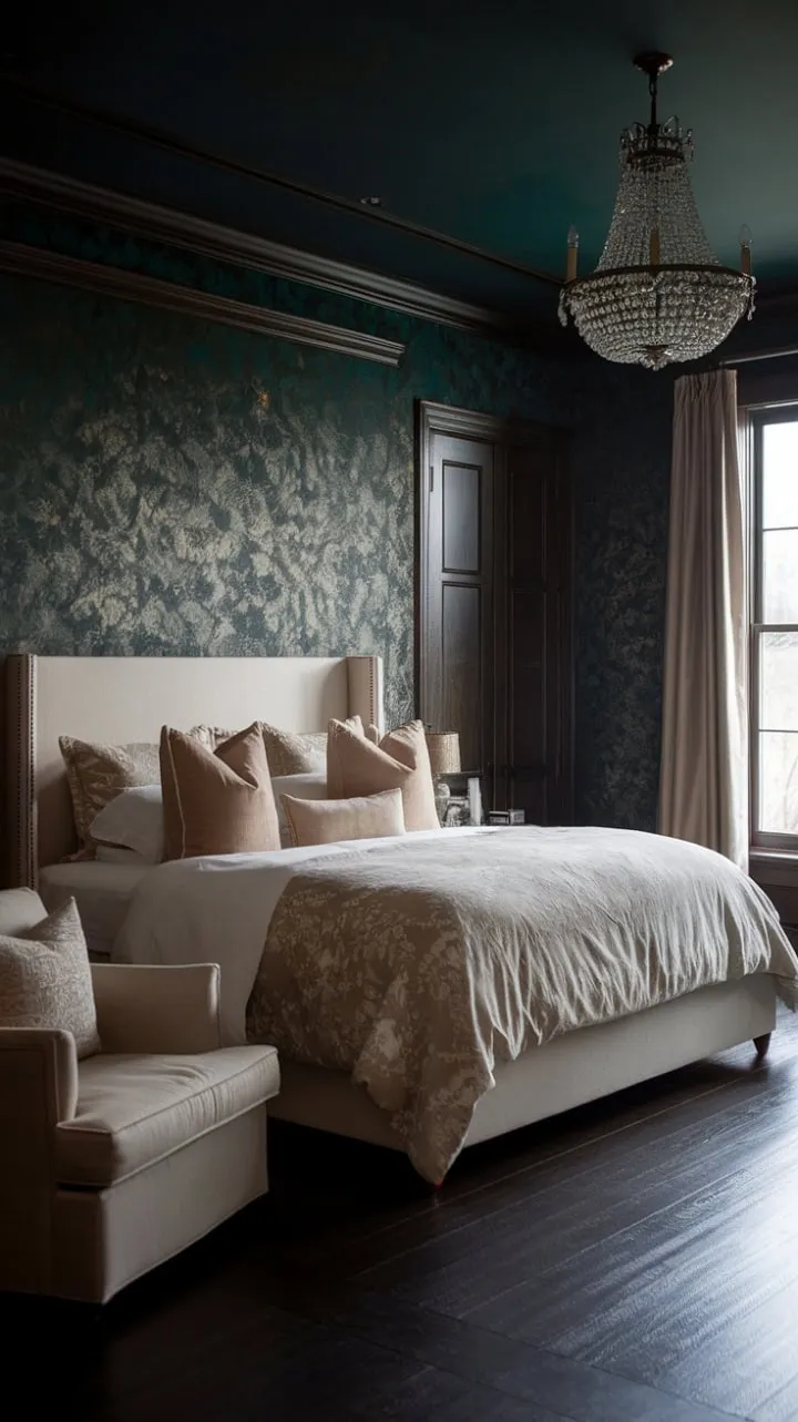 This master bedroom sanctuary blends dark green elegance with plush comforts, creating a sophisticated retreat for quiet contemplation.