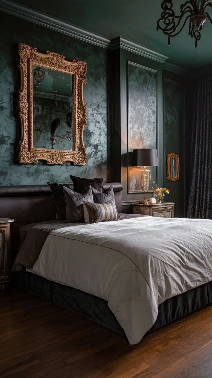 Step into a sanctuary of sophisticated calm where deep green walls and shimmering gold accents create an opulent retreat of restful luxury.