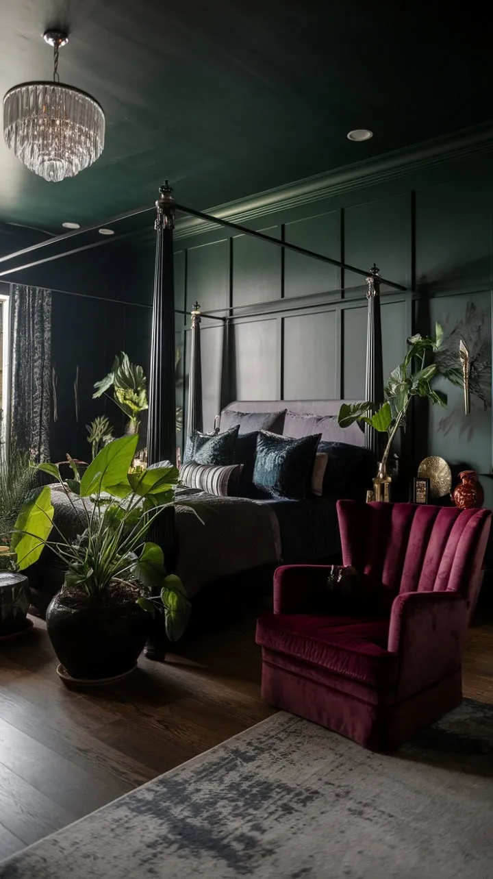 Retreat to this enchanting master suite, where dark green walls and luxurious furnishings harmonize to create a dramatic yet inviting sanctuary.