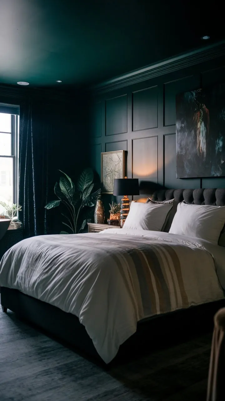 Experience a sophisticated sanctuary of intimacy in this master bedroom, where rich green walls and sultry lighting embrace crisp white bedding in a deep, dark romance.