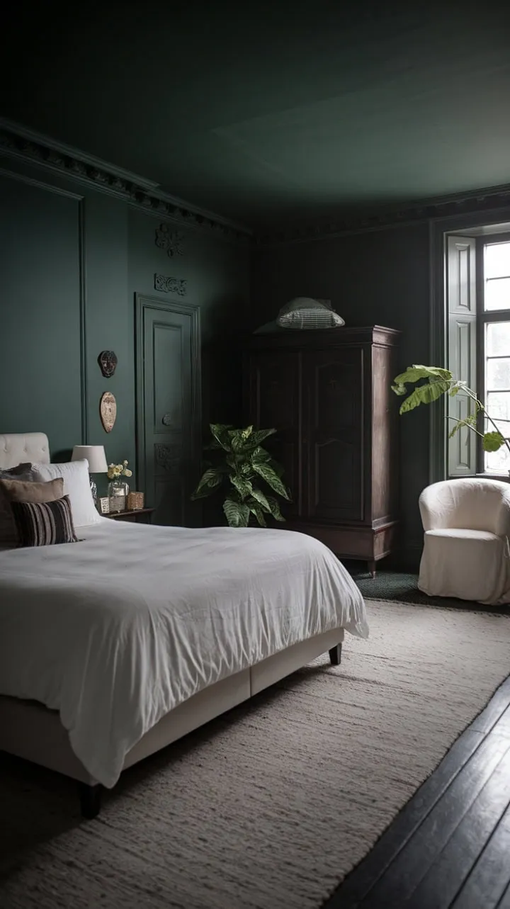 In this moody master bedroom, deep emerald walls and soft white linens harmonize to create a tranquil sanctuary, illuminated by the warm glow of a bedside lamp that accentuates its understated elegance.
