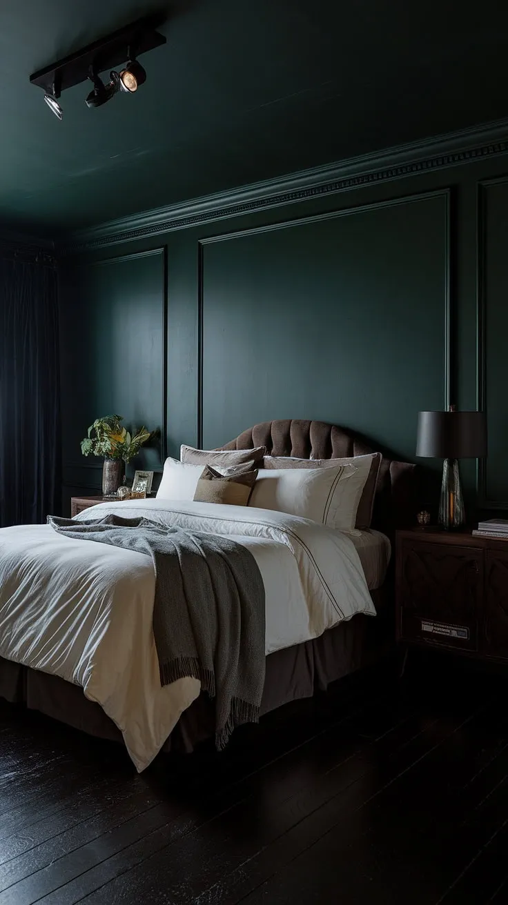 The bedroom with dark wallpaper and a large bed exudes a light and moody vibe, perfect for a cozy retreat.