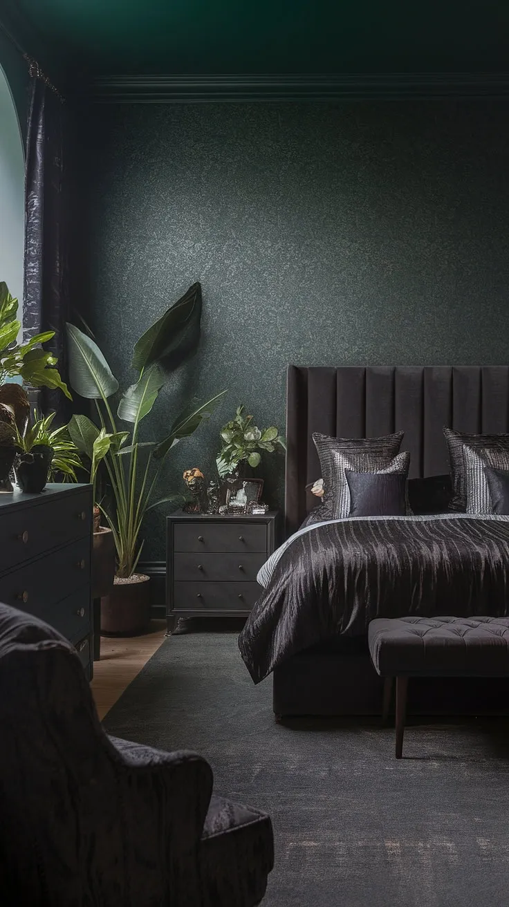 The bedroom dark and moody showcases a comfortable bed and elegant furnishings, enveloped in a dark and calming atmosphere perfect for relaxation.