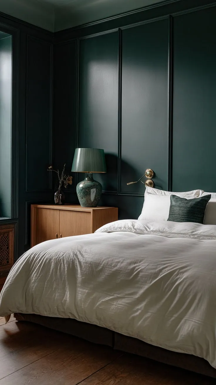 The dark romantic master suite showcases deep green walls, a cozy bed adorned with a white duvet, and a stylish wooden cabinet, perfect for a light and moody retreat.