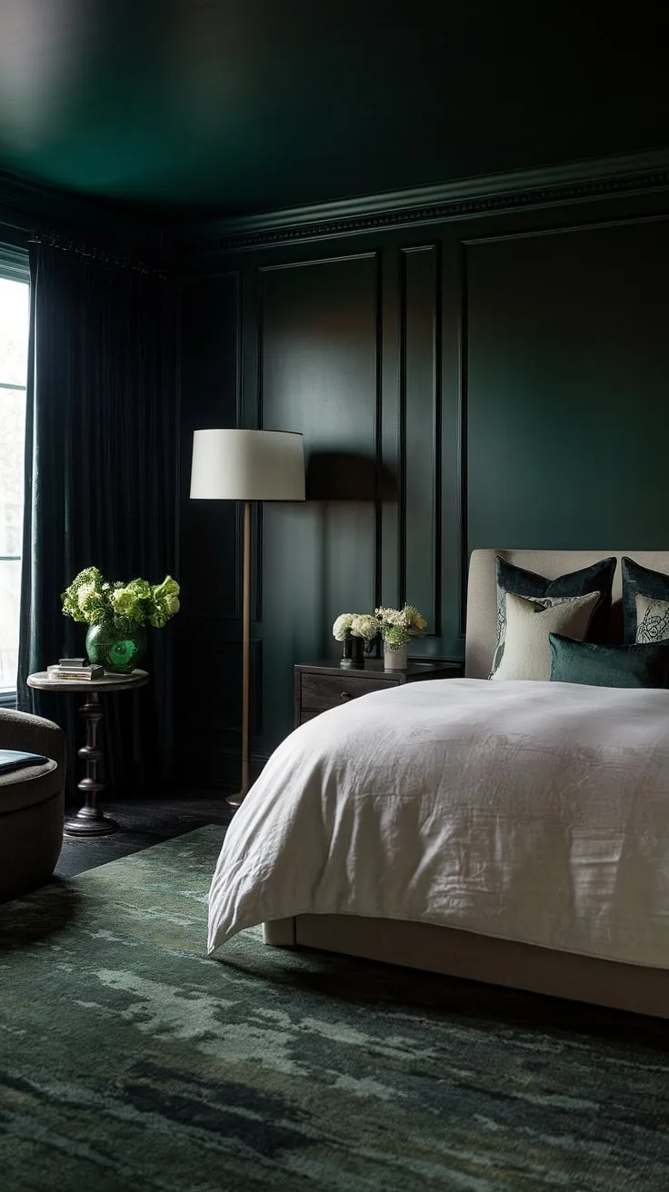 The bedroom with dark wallpaper and a king-size bed exudes a light and moody vibe, perfect for relaxation in a dark and moody setting.