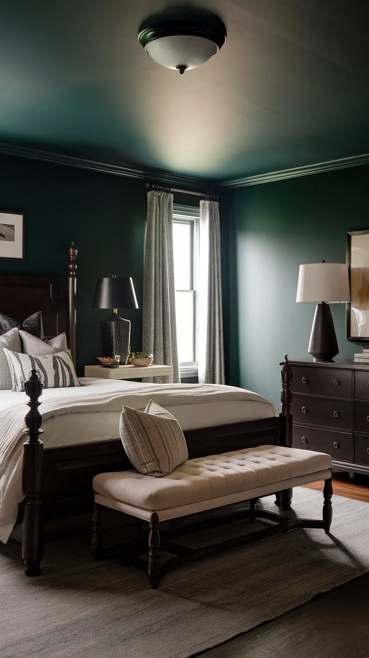 The bedroom's dark wallpaper and rich furnishings combine to form a light and moody retreat, perfect for relaxation in a dark calming environment.