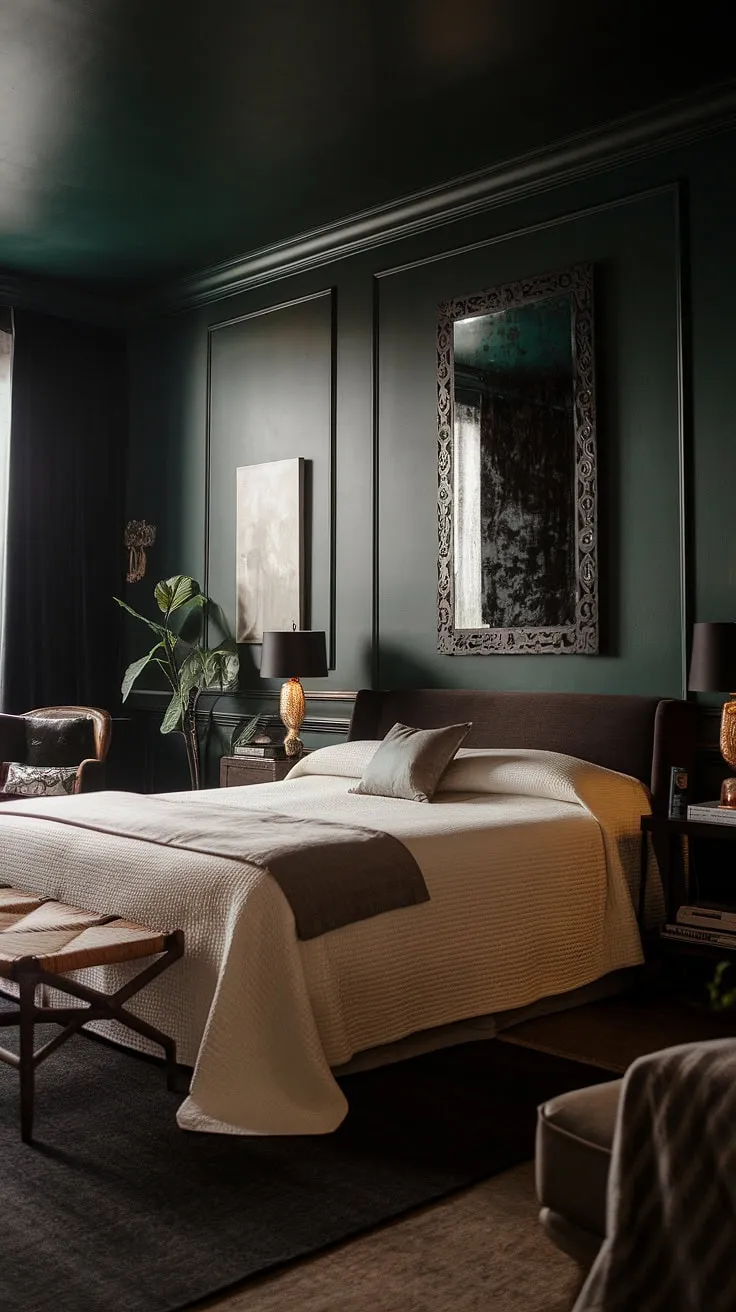 This dark romantic master suite features moody dark green walls, a king-size bed with a white bedspread, and soft lighting that creates a calming and sultry atmosphere.