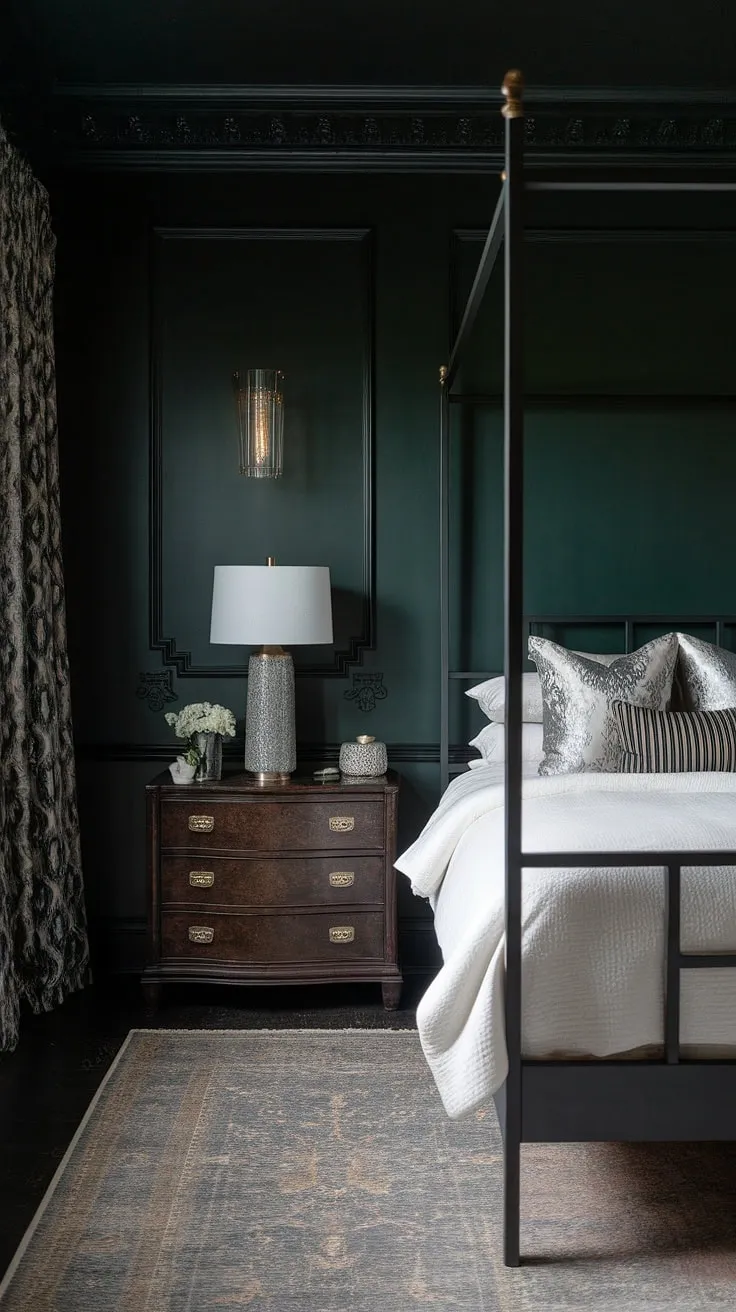 This dark and sultry master bedroom features dark green walls and elegant decor, creating a calming and romantic atmosphere.