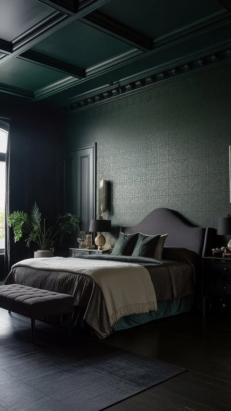 This dark romantic master suite features moody dark green walls and sultry decor, creating a calming atmosphere perfect for relaxation.